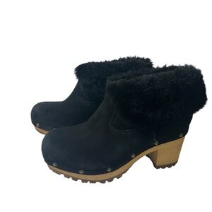 UGG Thebes Black Suede Clog Wooden Bootie Mules with Faux Fur Trim